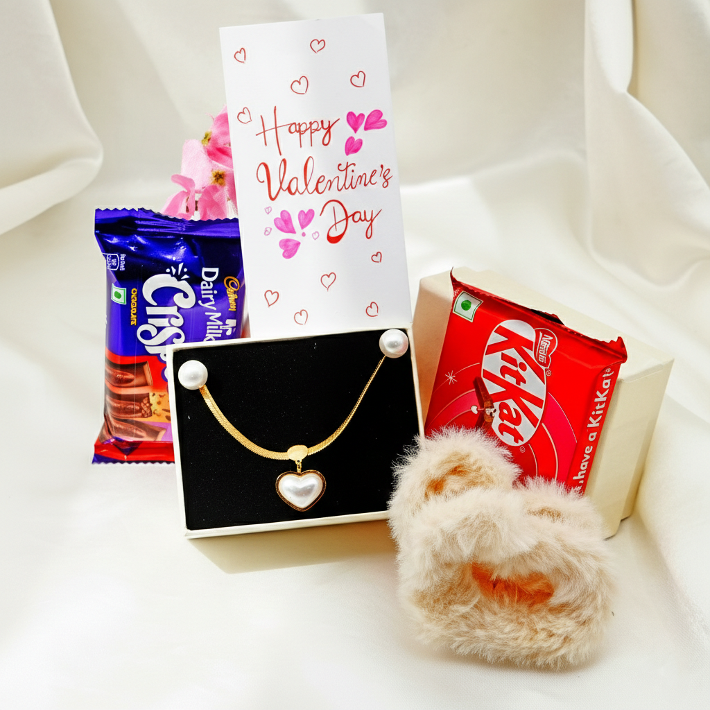 MOP Jewelry Gift Hamper – Heart Necklace Set, Chocolates & Greeting Card