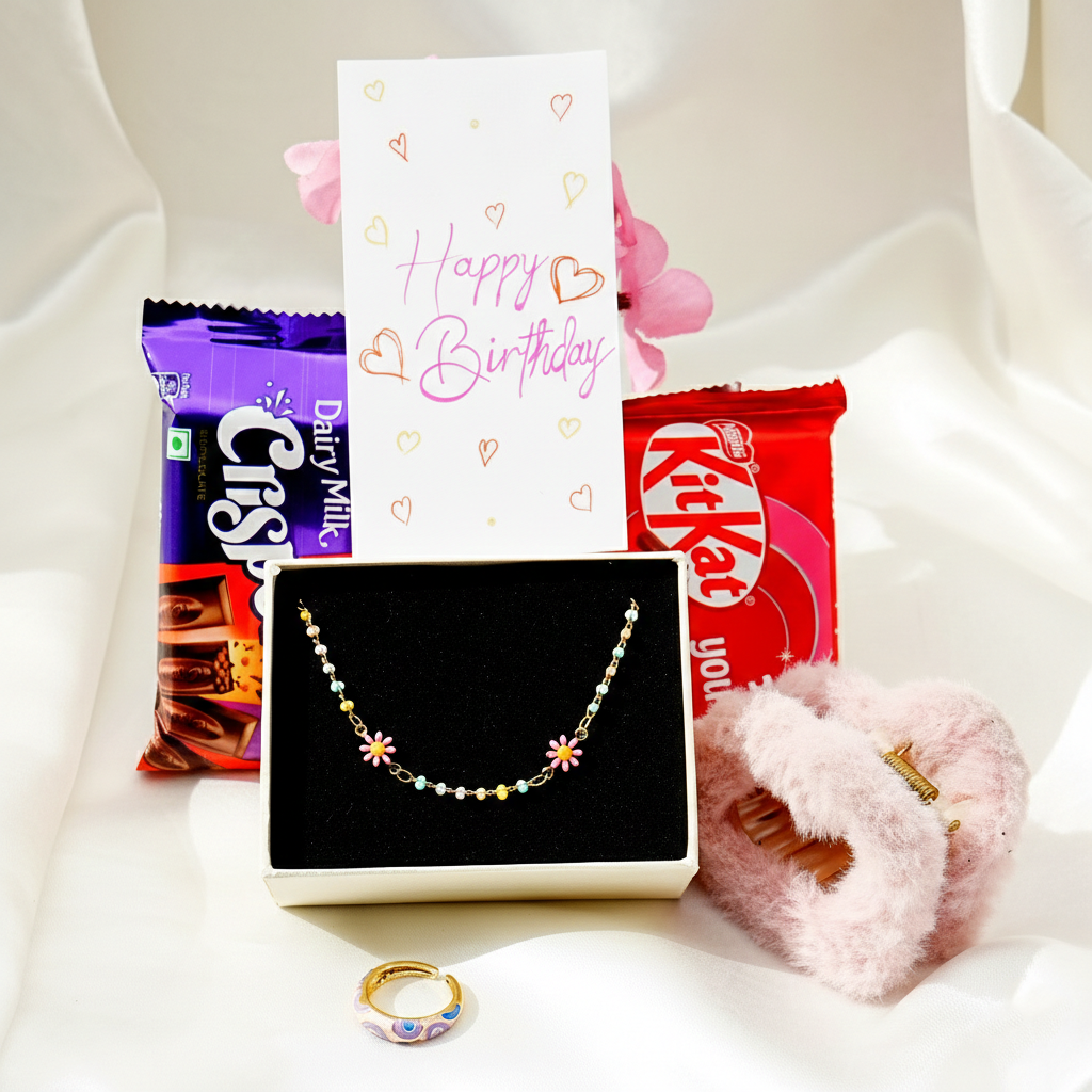 Jewelry Gift Hamper for Her | Floral Necklace, Enamel Ring & Chocolates
