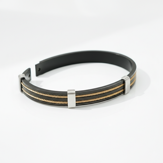 Men’s Black Stainless Steel Bracelet with Gold Cable Inlay