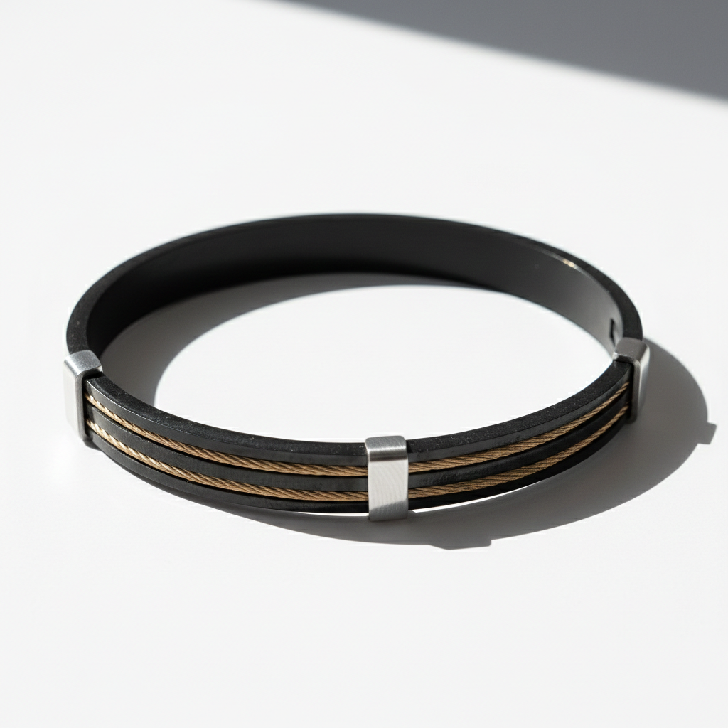 Men’s Black Stainless Steel Bracelet with Gold Cable Inlay
