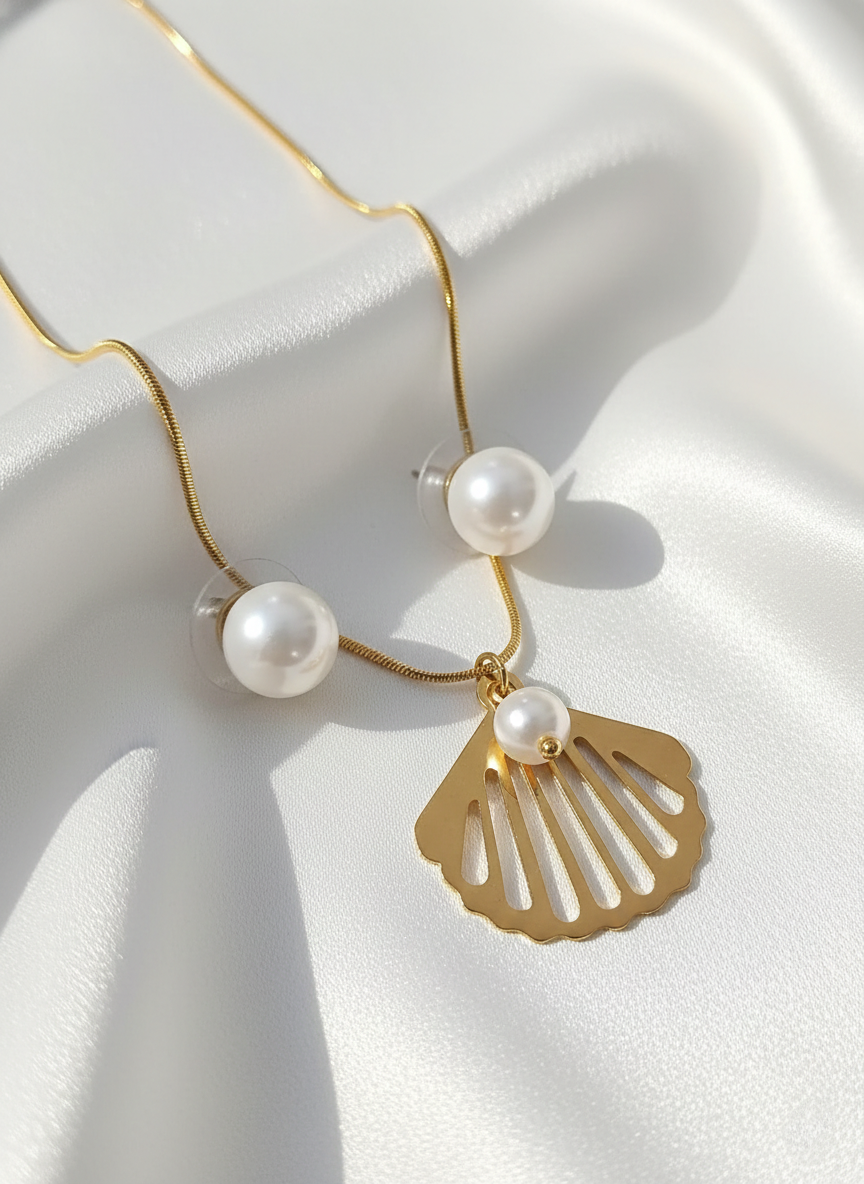 Gold Shell Pearl Necklace & Stud Earrings Set