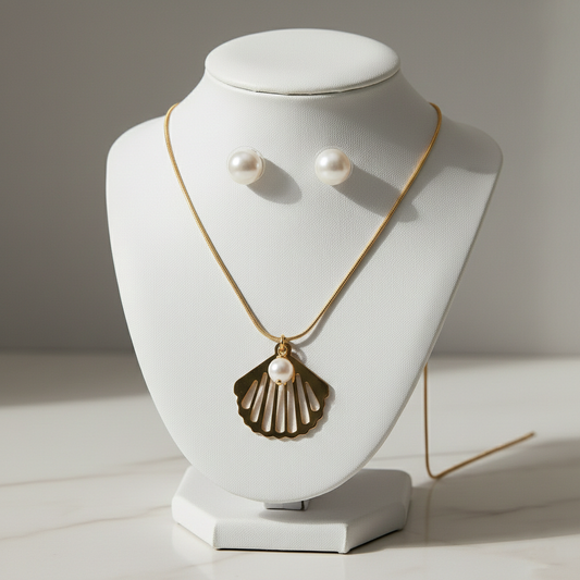Gold Shell Pearl Necklace & Stud Earrings Set
