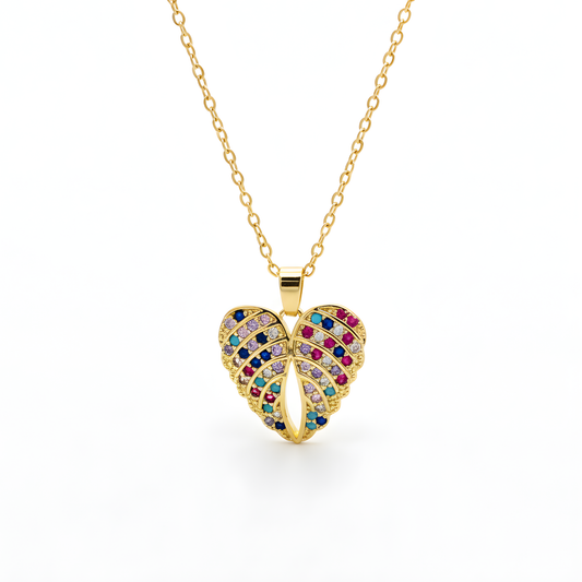 Rainbow Crystal Heart Leaf Necklace