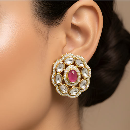 Gold Ruby Floral Stud Earrings