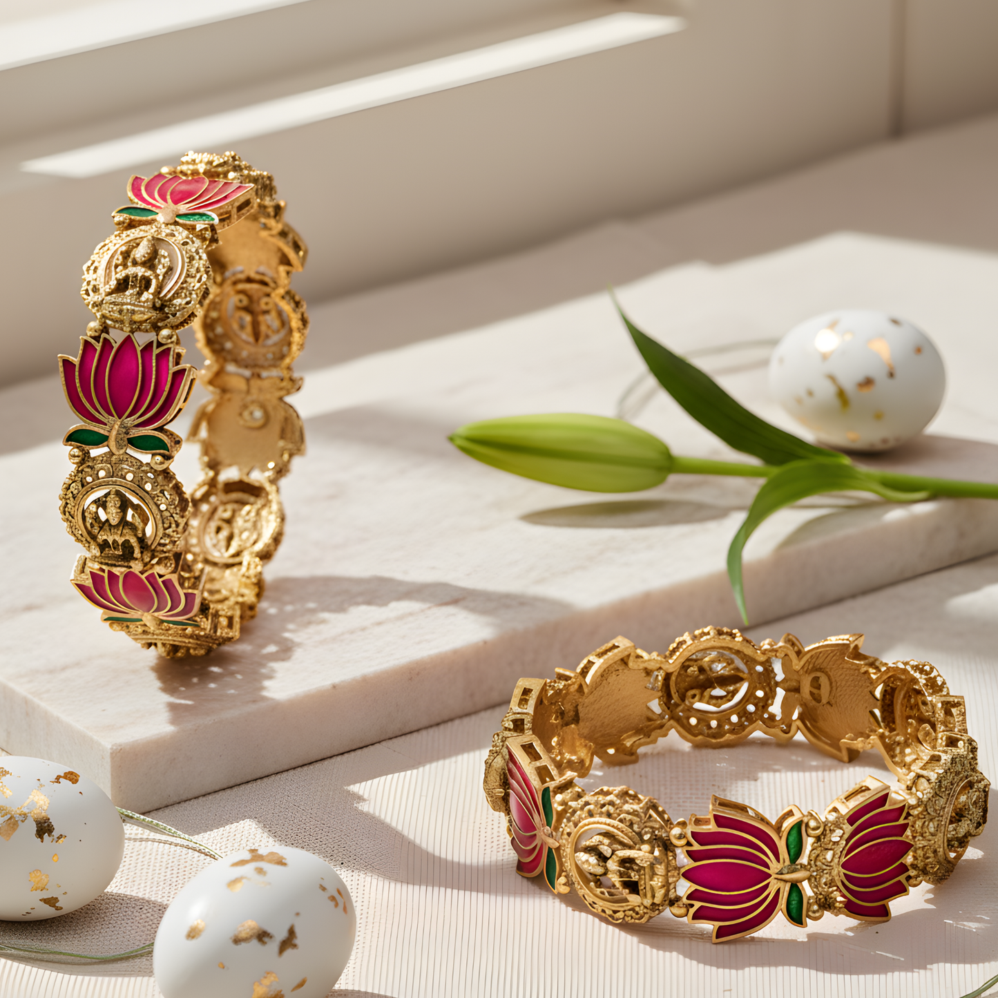 Pink Lotus Enamel Temple Jewelry Bangles