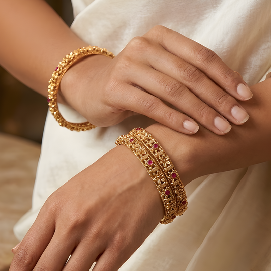 Ruby-Encrusted Floral Filigree Gold Bangles