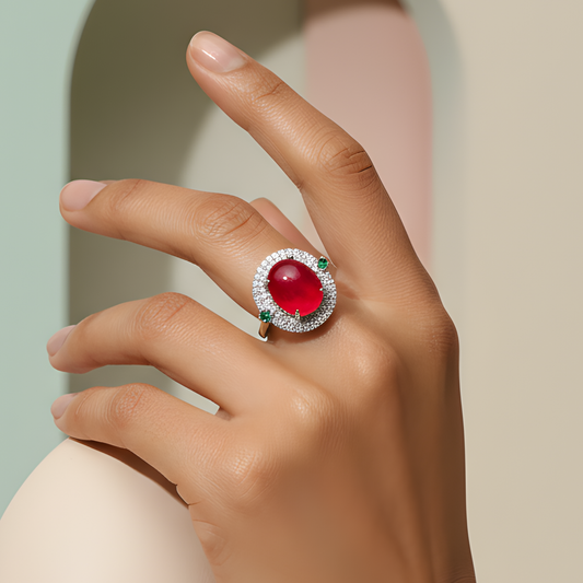 Oval Red Stone Ring with Crystal Halo