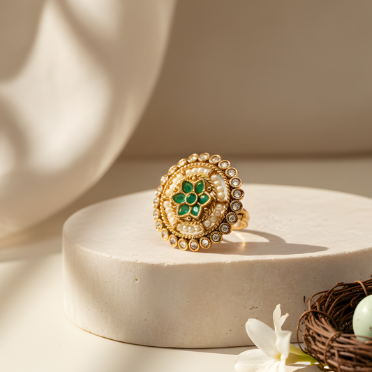 Emerald Floral Halo Statement Ring