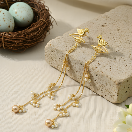 Golden Bird-Motif Tassel Earrings with Pearl Droplets
