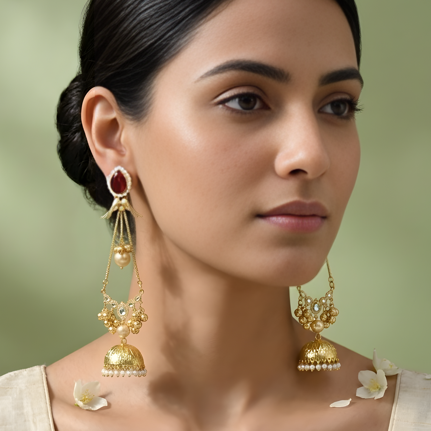 Ruby & Bird-Motif Jhumka Earrings