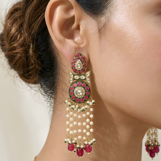 Meenakari Kundan Earrings with Pearl Tassels