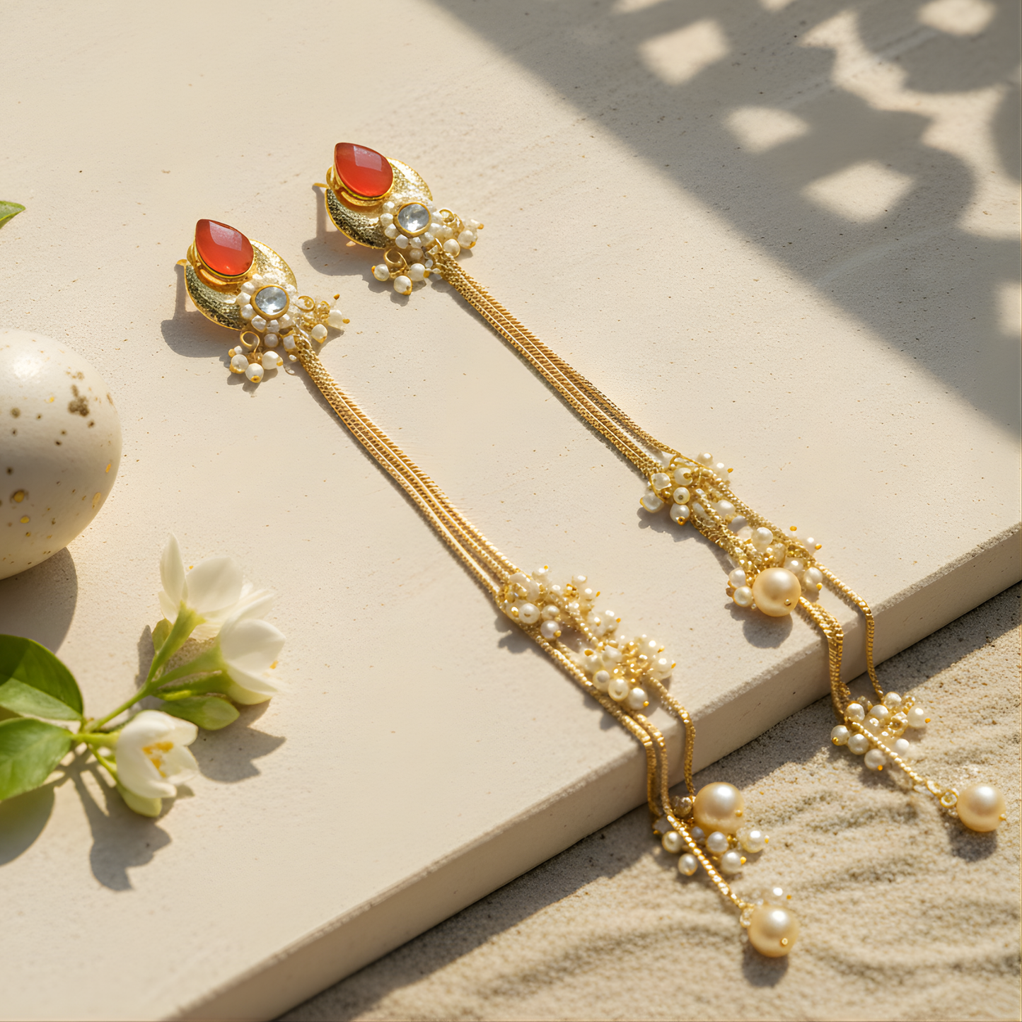 Gold Plated Red Stone Tassel Kashmiri Earrings with Pearls