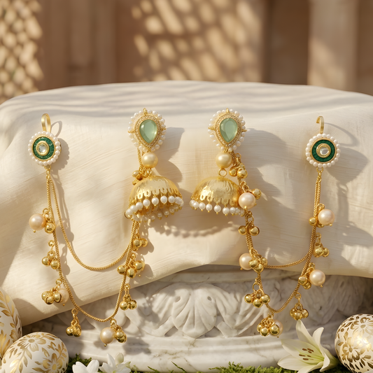 Royal Ruby Kundan Jhumka Earrings with Pearl Chain