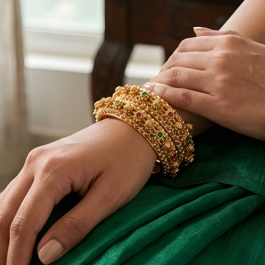 Pearl-Encrusted Filigree Gold Bangles
