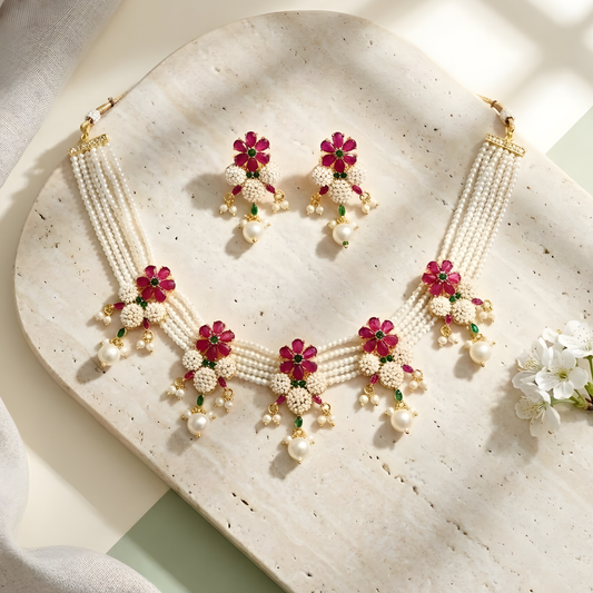 Floral Pearl Necklace Set With Earrings