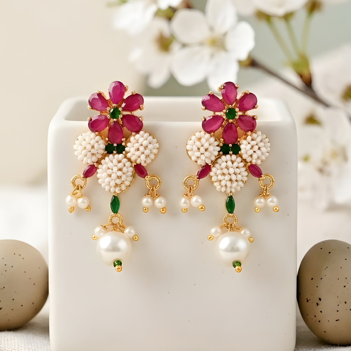 Floral Pearl Necklace Set With Earrings