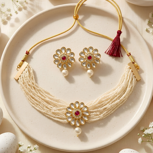 Pearl Kundan Flower Choker Necklace Set