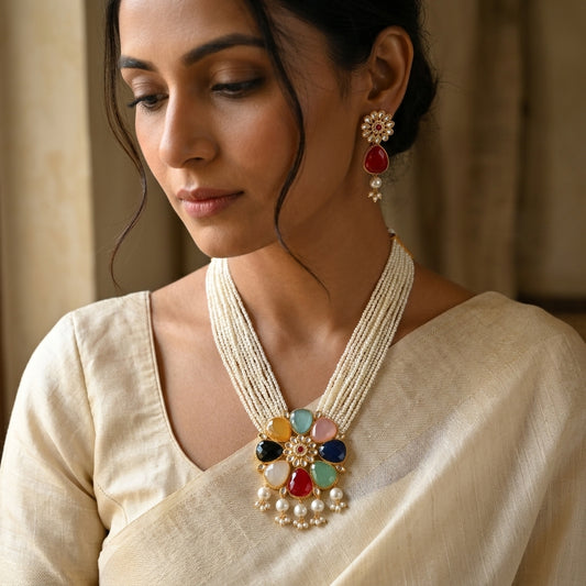 Navratna-Style Multi-Stone Necklace Set