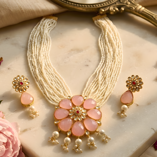 Navratna-Style Rose Quartz Necklace Set