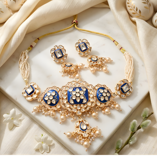 Blue Meenakri Kundan Choker Necklace Set