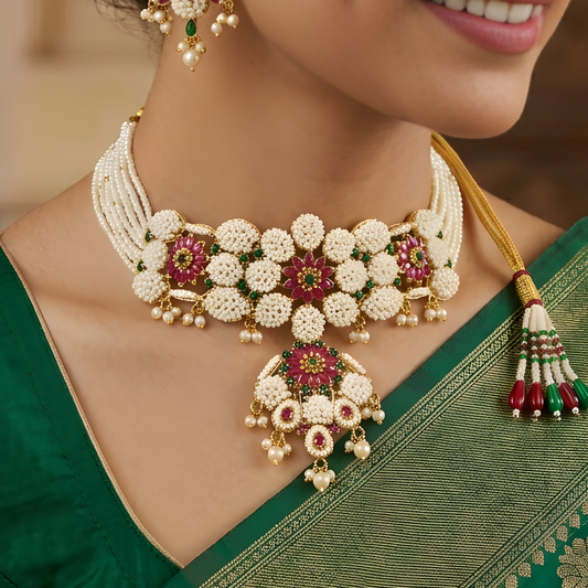 Floral Pearl Choker Necklace With Earrings