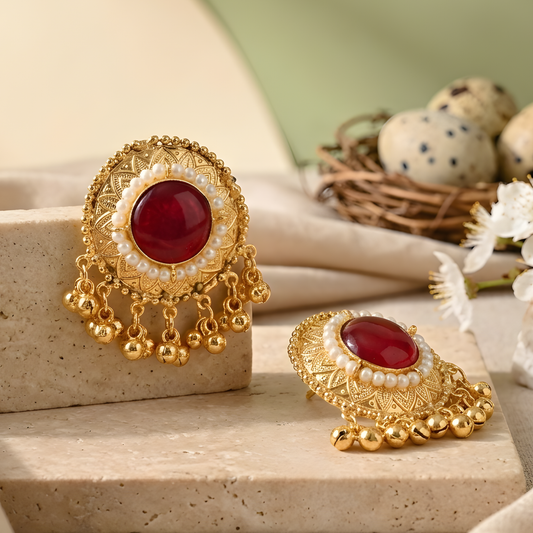 Gemstone Pearl Halo Studs With Ghungroo Drops