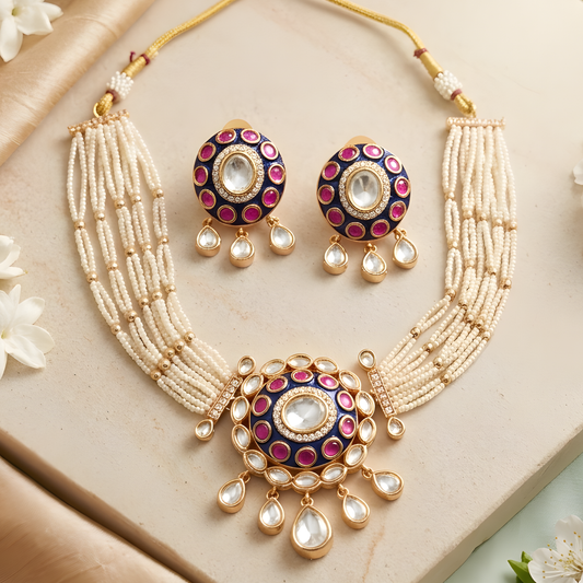 Navy Blue Kundan Pearl Choker Necklace Set