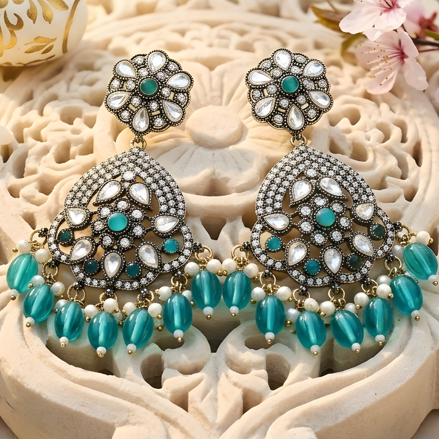 Teal Drop Chandbali Earrings