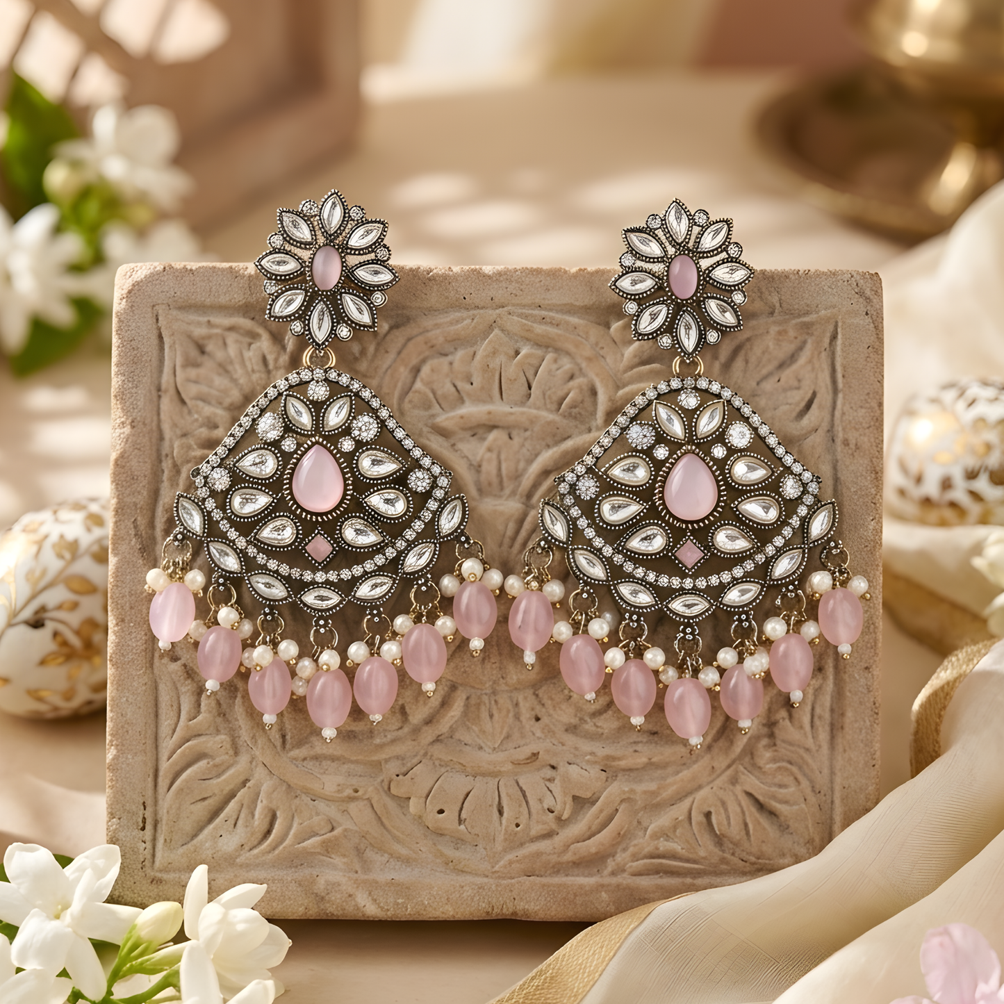 Pink Stone Chandbali Earrings