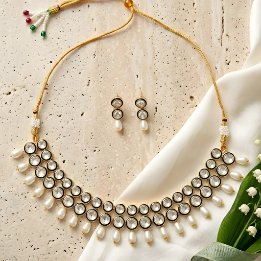 Double Line Polki Kundan Pearl Drop Necklace Set