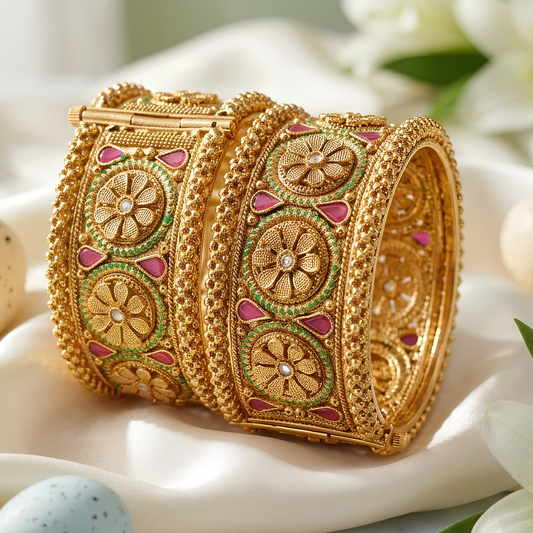 Floral Design Gold-Tone Kada Bangles
