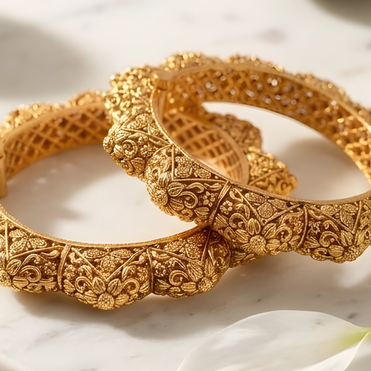Antique Gold Floral Engraved Bangles for Women