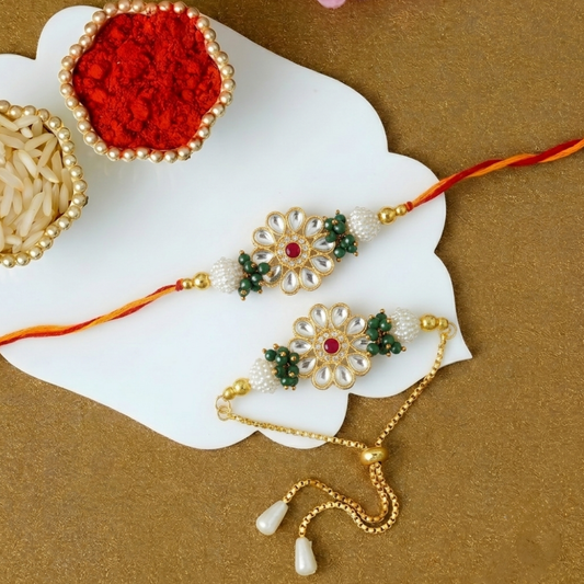 Floral Kundan Rakhi Combo Set For Bhaiya Bhabhi