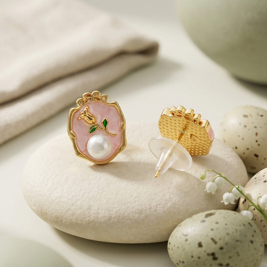 Vintage Pink Pearl Floral Stud Earrings