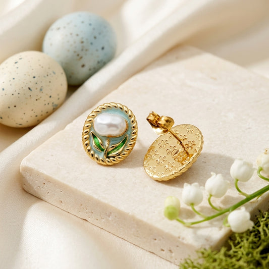 Ocean Pearl Enamel Stud Earrings