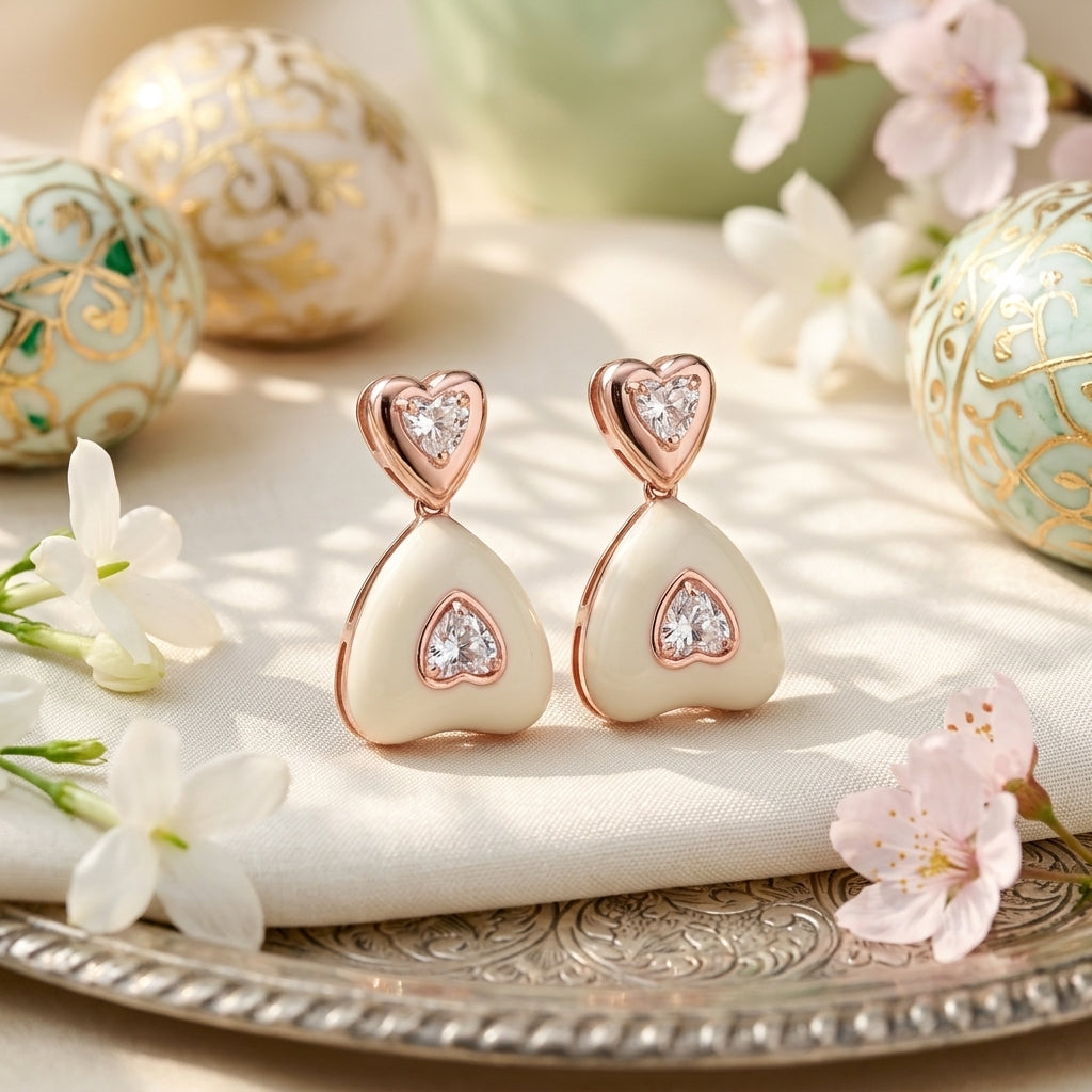 Heart Shape Pearl & Crystal Drop Earrings