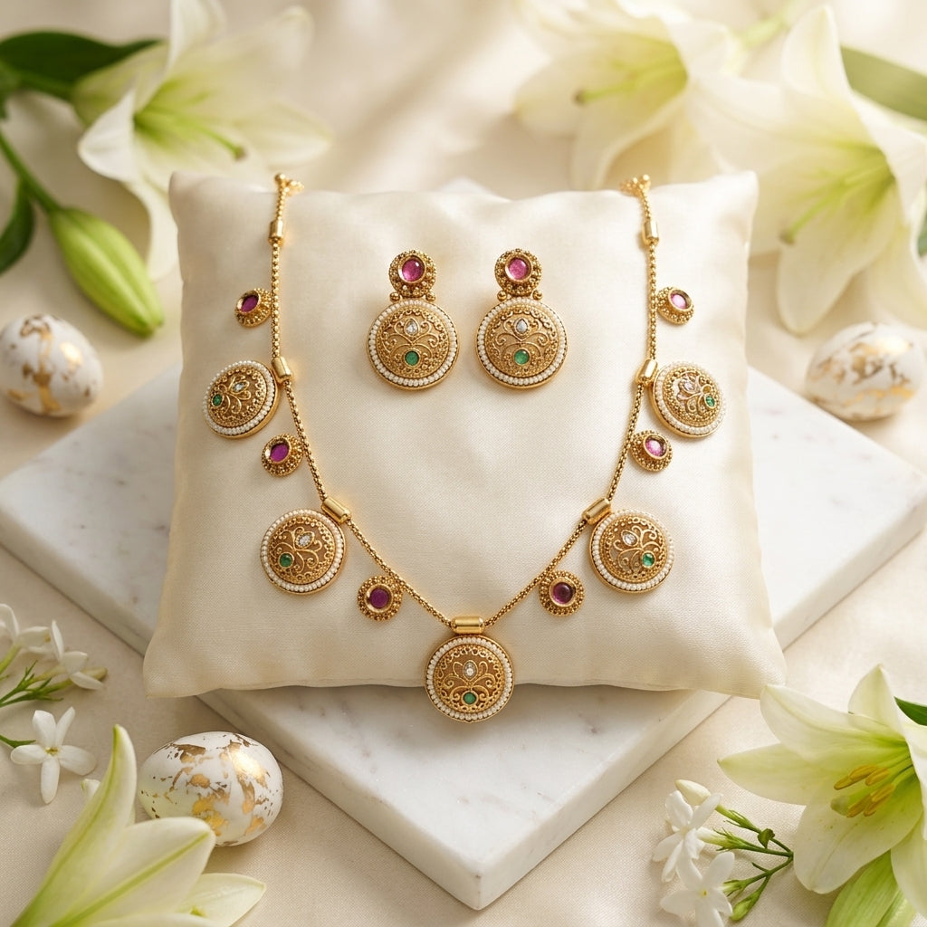 Gold Plated Charm Necklace Set With Earrings