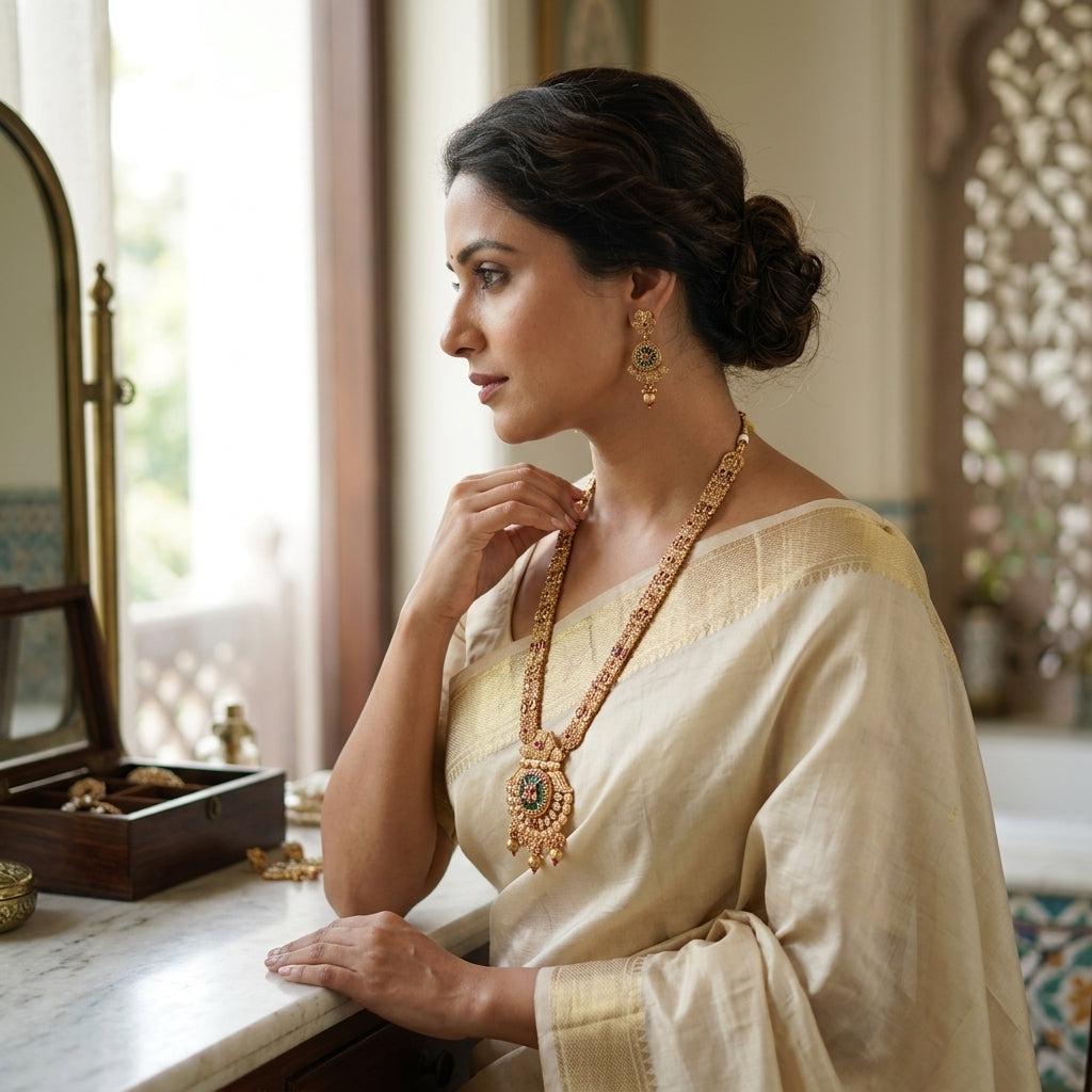 Gold Temple Long Necklace Set With Earrings
