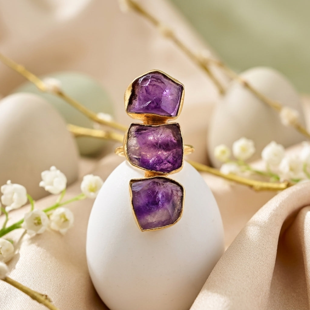 Natural Amethyst Triple Stone Adjustable Ring