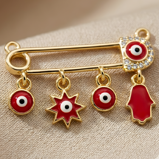 Red Evil Eye Safety Pin Charm Necklace