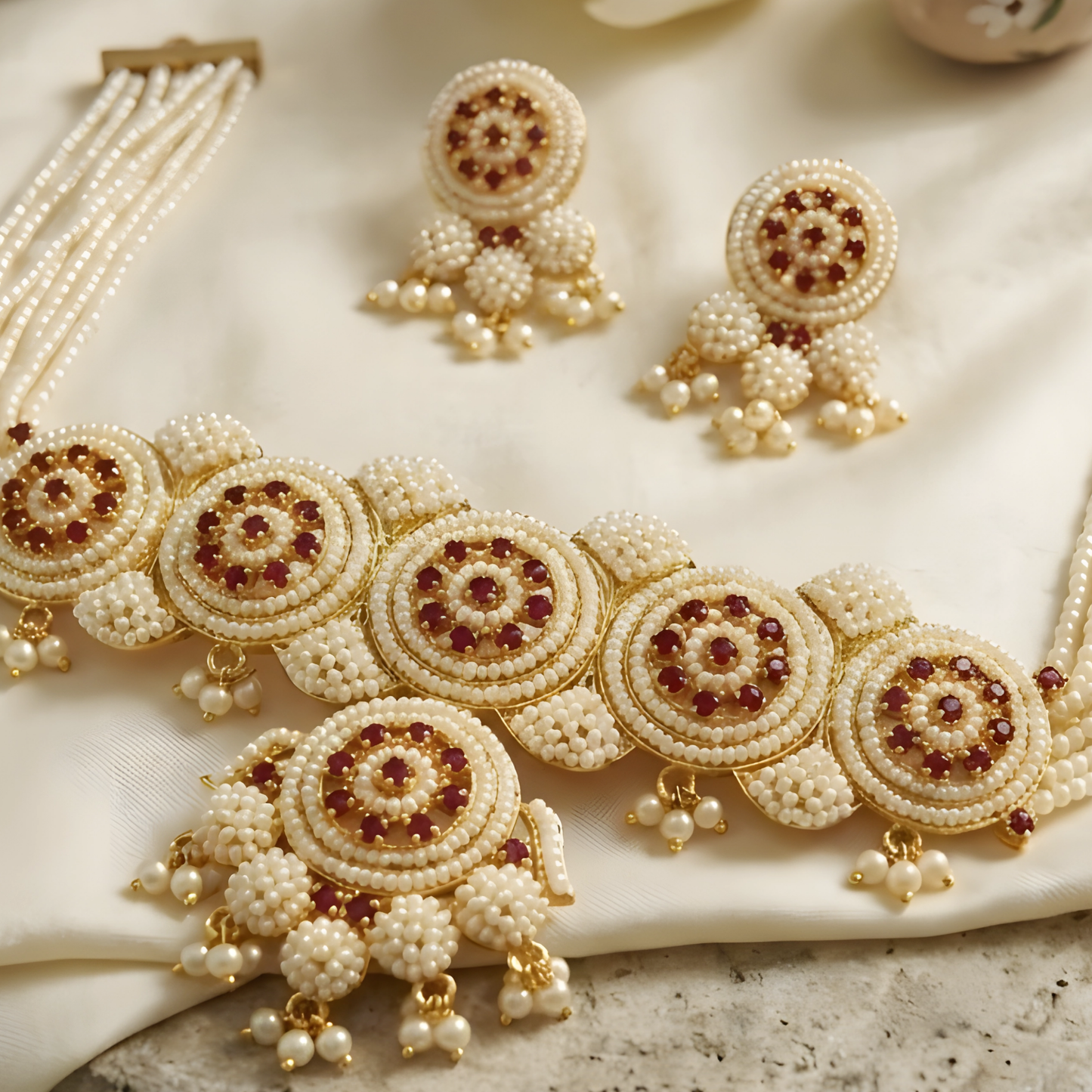 Handcrafted Pearl Choker Necklace Set with Matching Earrings