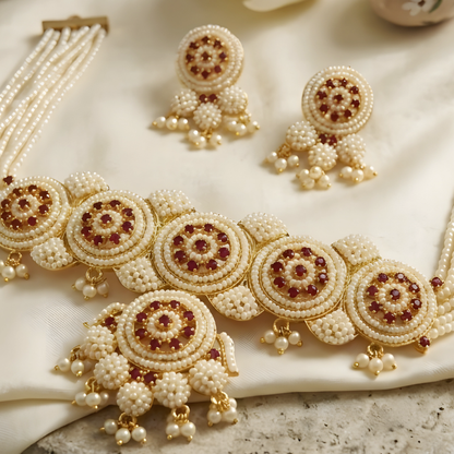 Handcrafted Pearl Choker Necklace Set with Matching Earrings