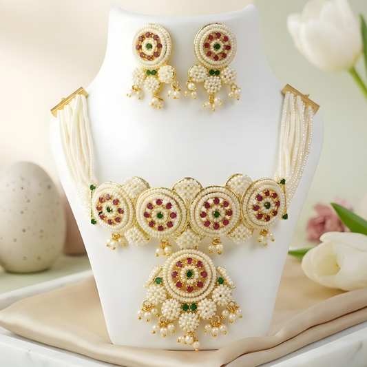 Handcrafted Pearl Choker Necklace Set with Floral Pendant