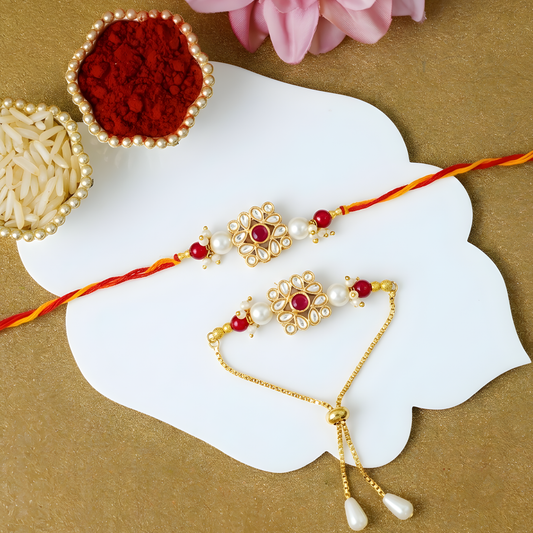 Floral Kundan Bhai Bhabhi Rakhi Combo Set