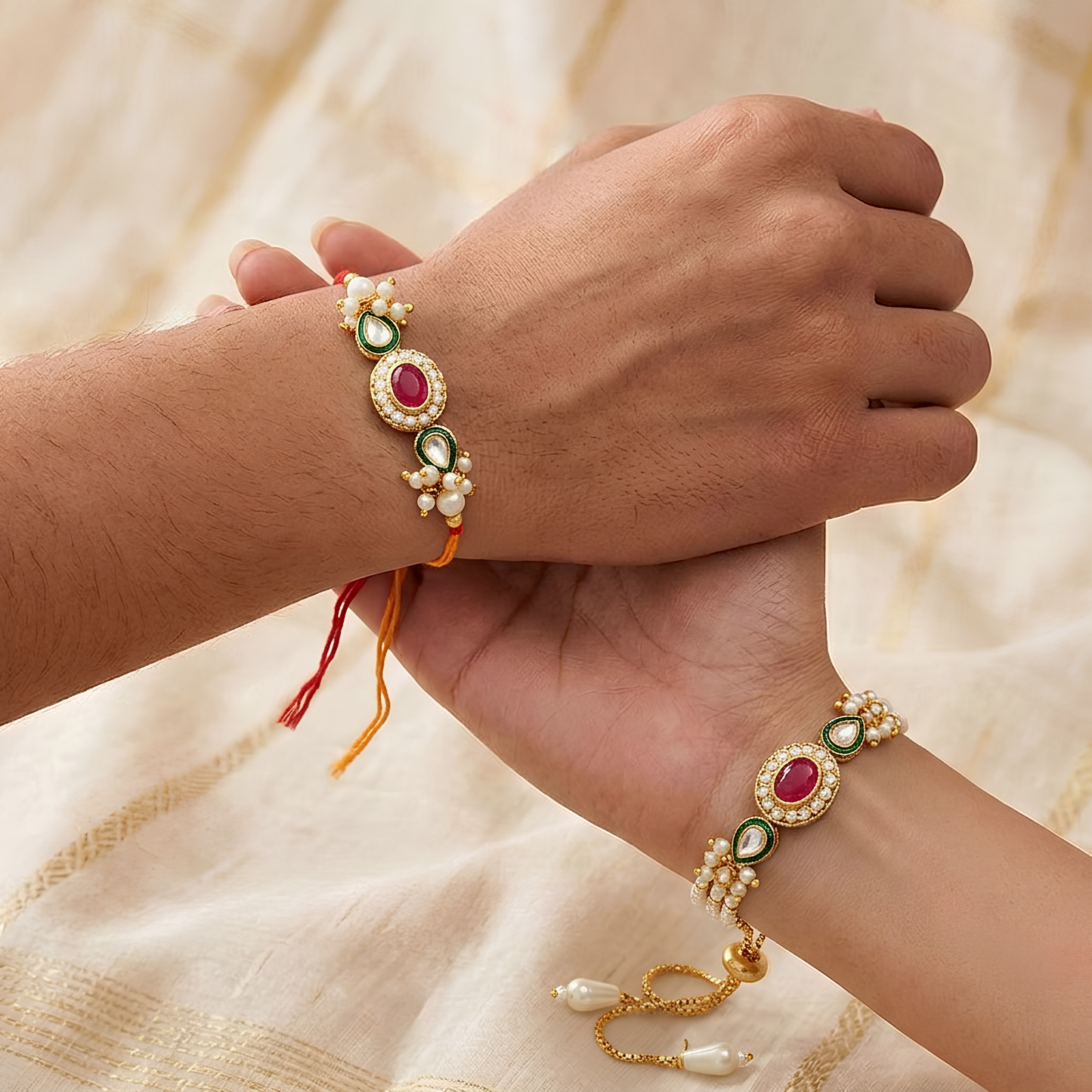 Green Kundan Rakhi Set For Bhaiya Bhabhi