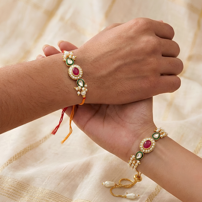 Green Kundan Rakhi Set For Bhaiya Bhabhi