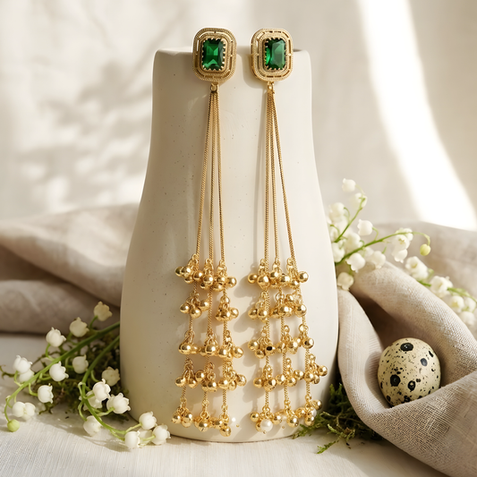 Emerald Green Stone Long Tassel Drop Earrings