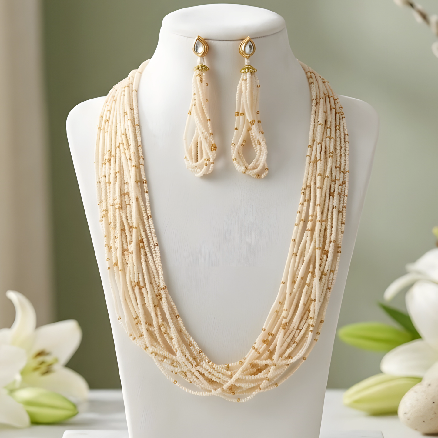 Multi-Layer Ivory Beaded Long Necklace Set
