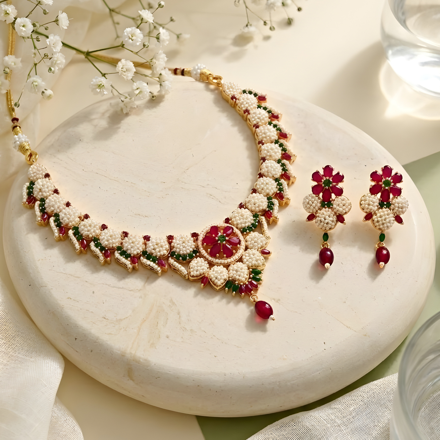 Traditional Rajwadi Pearl Choker Set with Earrings