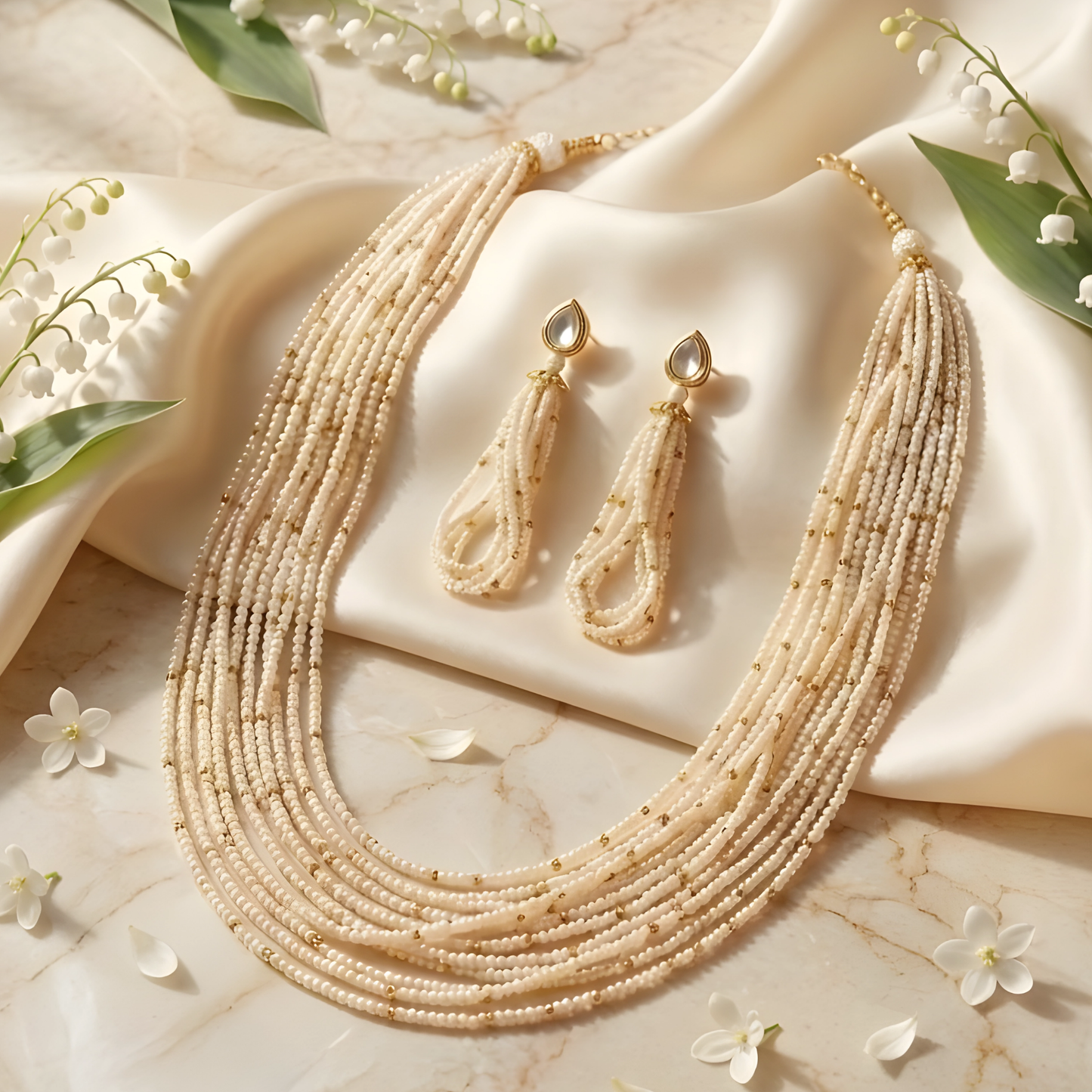Multi-Layer Ivory Beaded Long Necklace Set